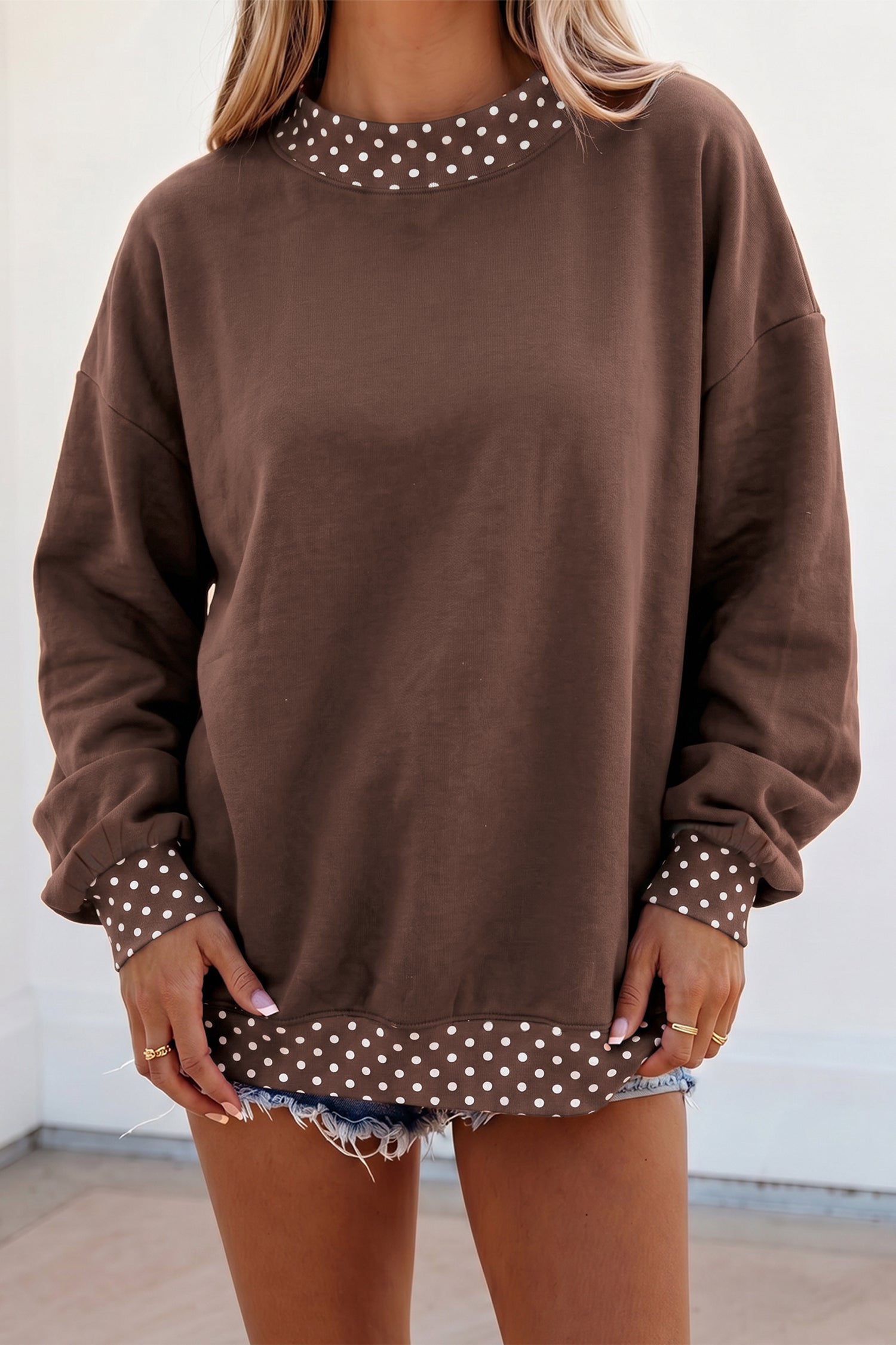 Dark Green Colorblock Polka Dot Contrast Trim Oversized Sweatshirt
