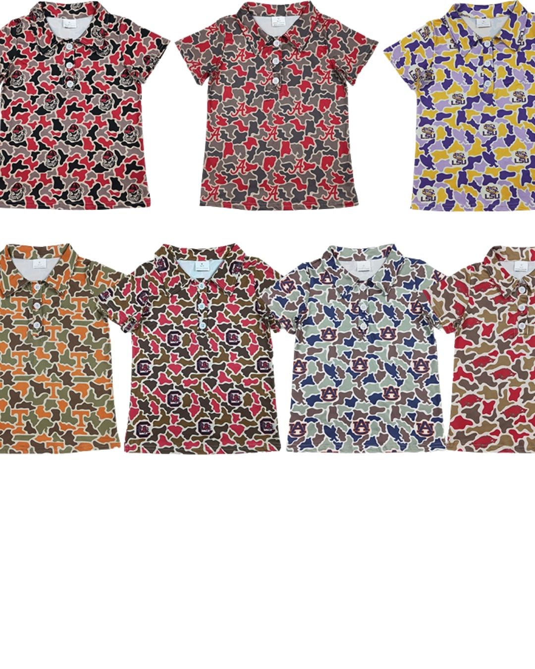 Collection of patterned polo shirts displayed against a white background