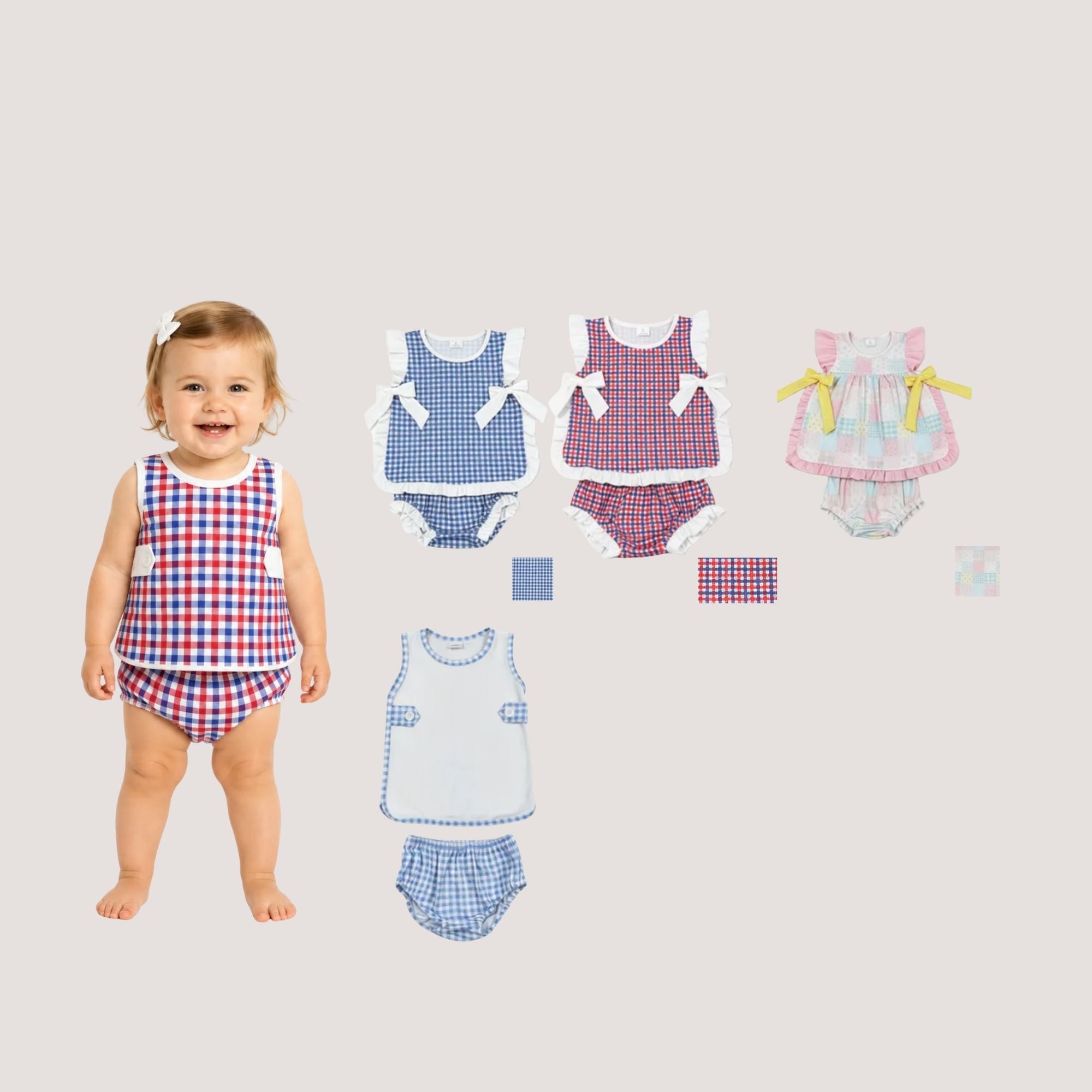Child wearing a checkered outfit with matching dress and bloomers, surrounded by various checkered outfits on a light gray background.