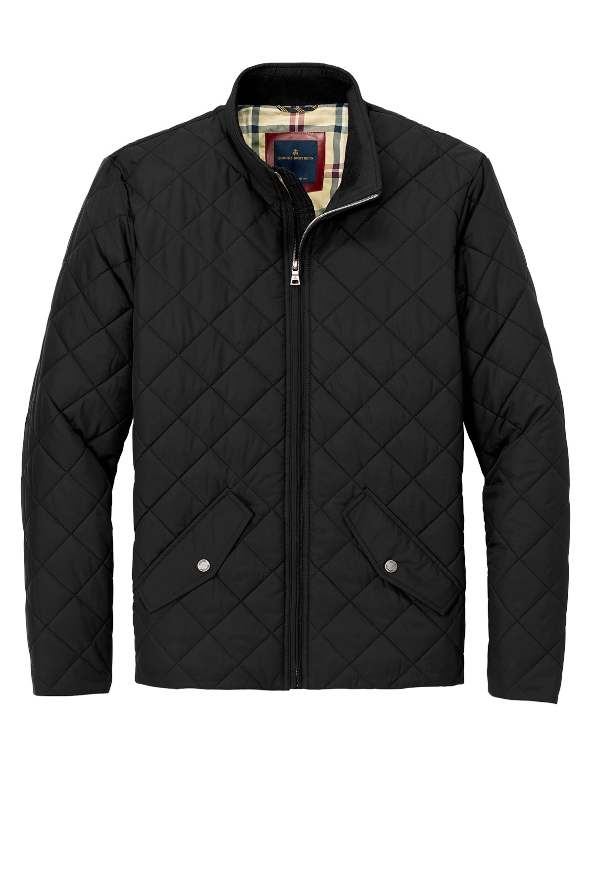Black quilted jacket with plaid lining on a white background