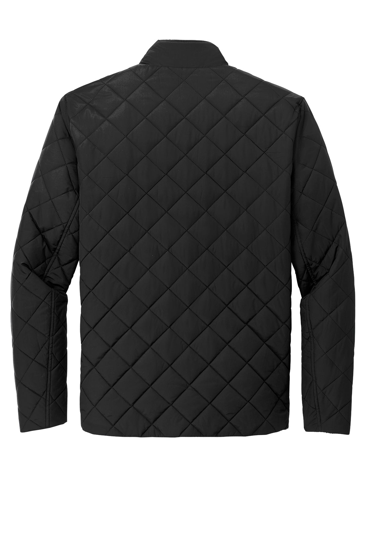 Black quilted jacket on a white background
