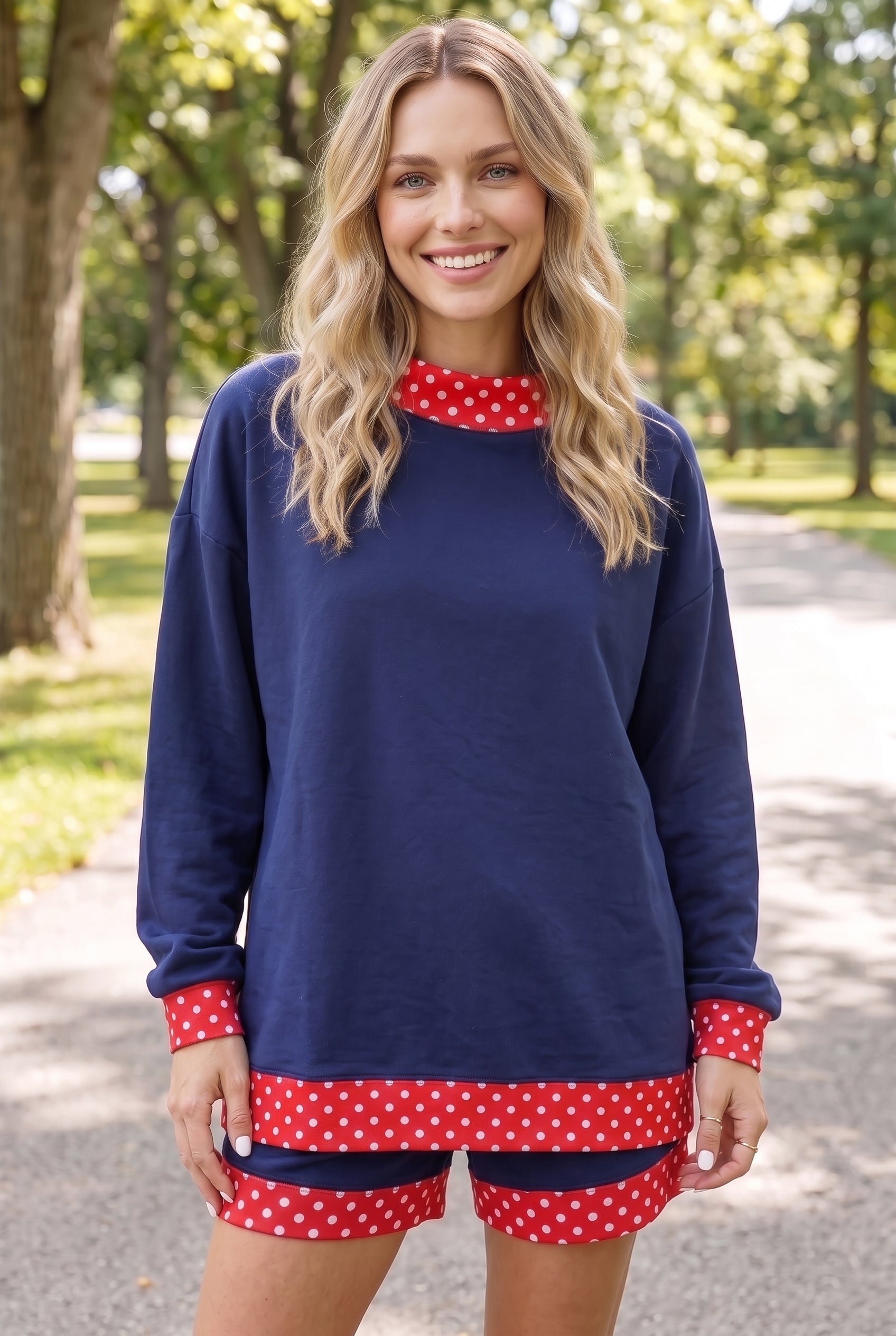 Fiery Red Gingham Trim Baggy Pullover 2pcs Short Set