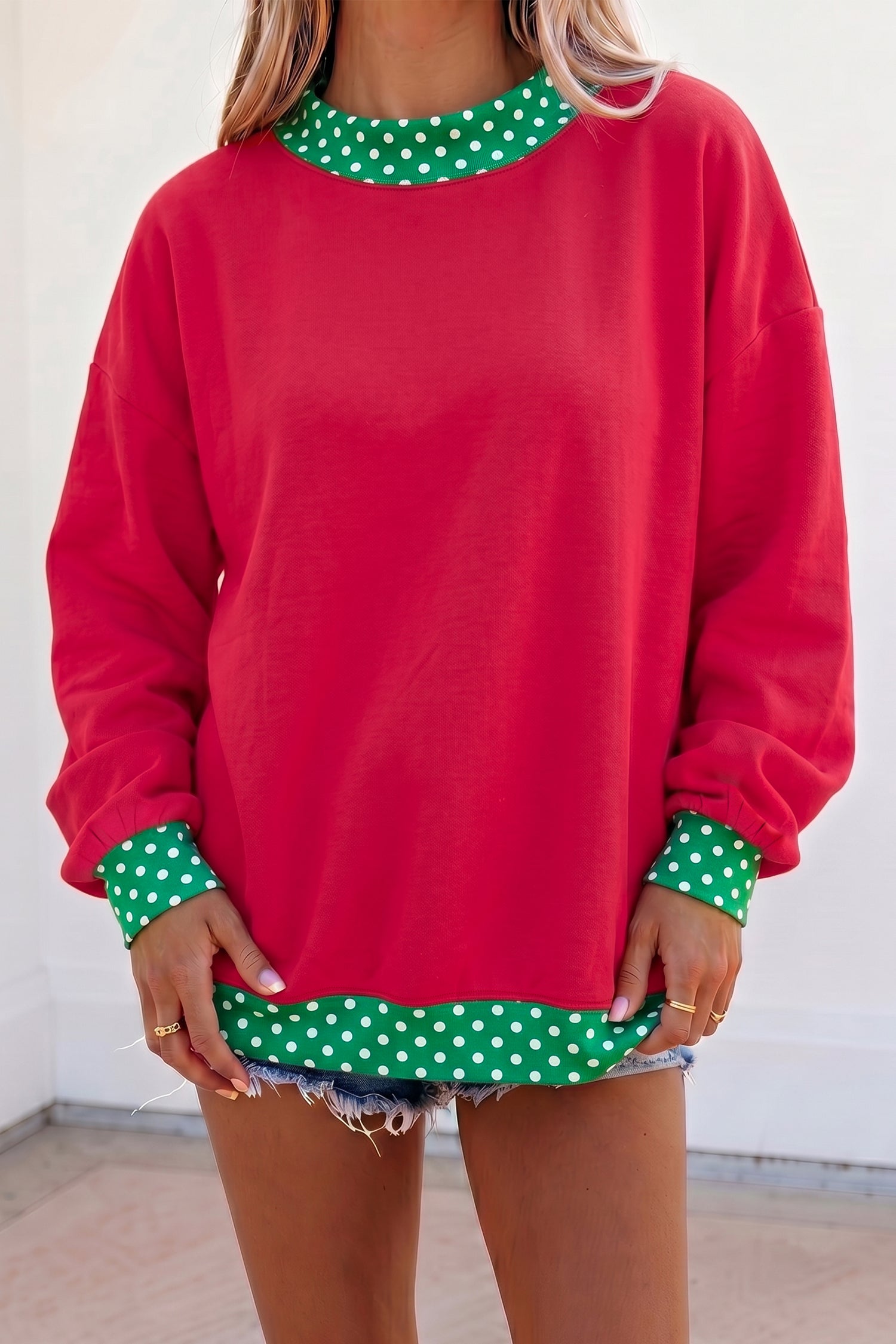 Dark Green Colorblock Polka Dot Contrast Trim Oversized Sweatshirt