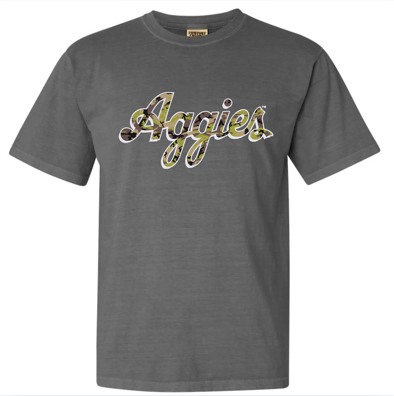 Gray t-shirt with 'Aggies' printed on it against a grey comfort color texas a and m shirt 
