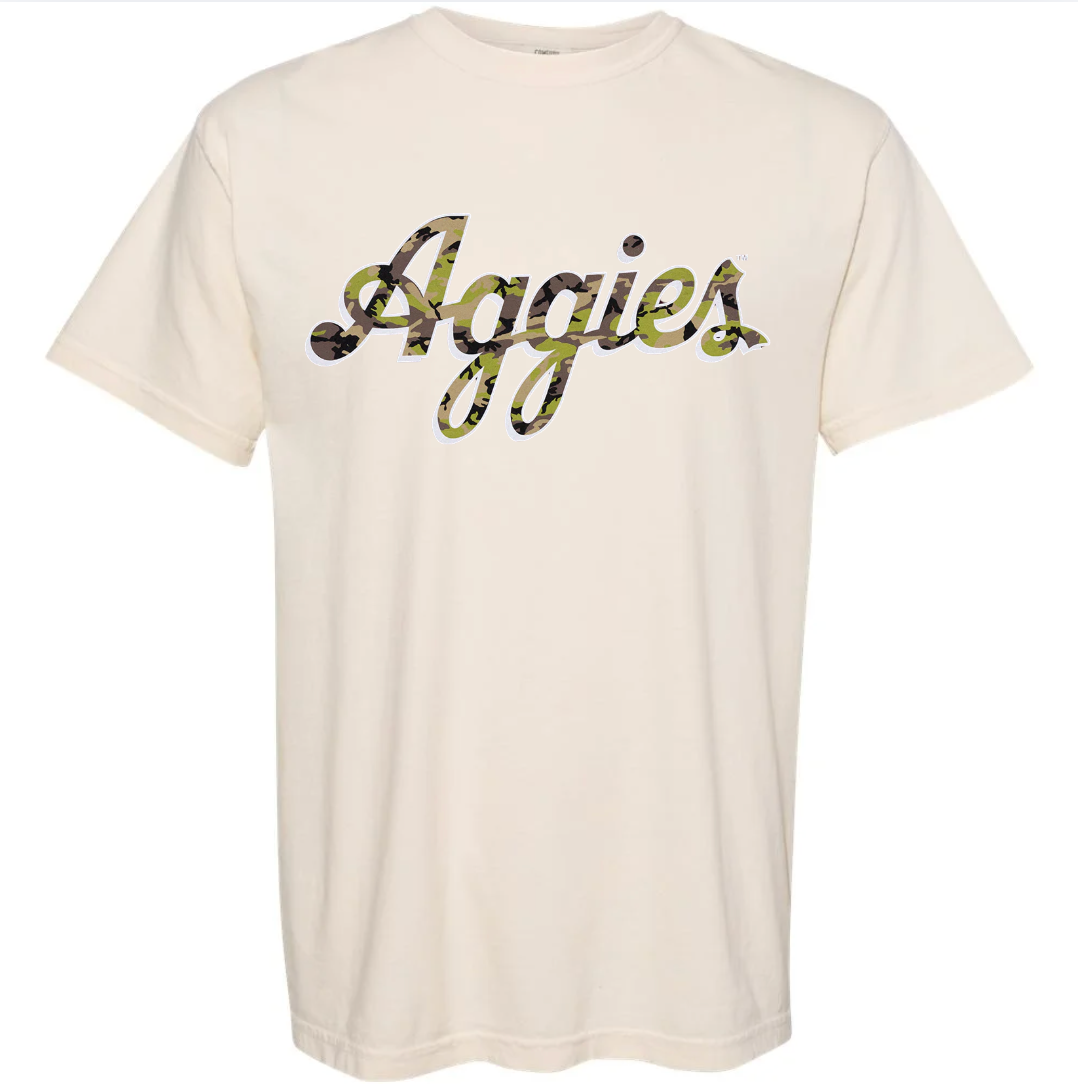 ivory t-shirt with 'Aggies' printed in camouflage style on a comfort color shirt 
