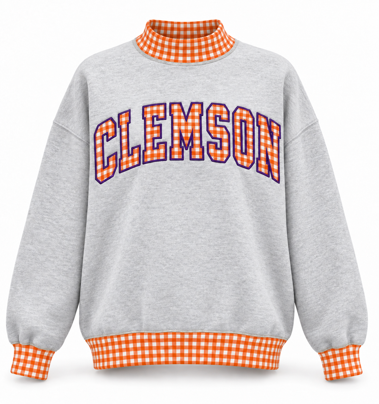 A light gray heather crewneck mockneck featuring 'CLEMSON' in arched varsity block letters across the chest. The letters are filled with an orange and white gingham check pattern and outlined in purple.