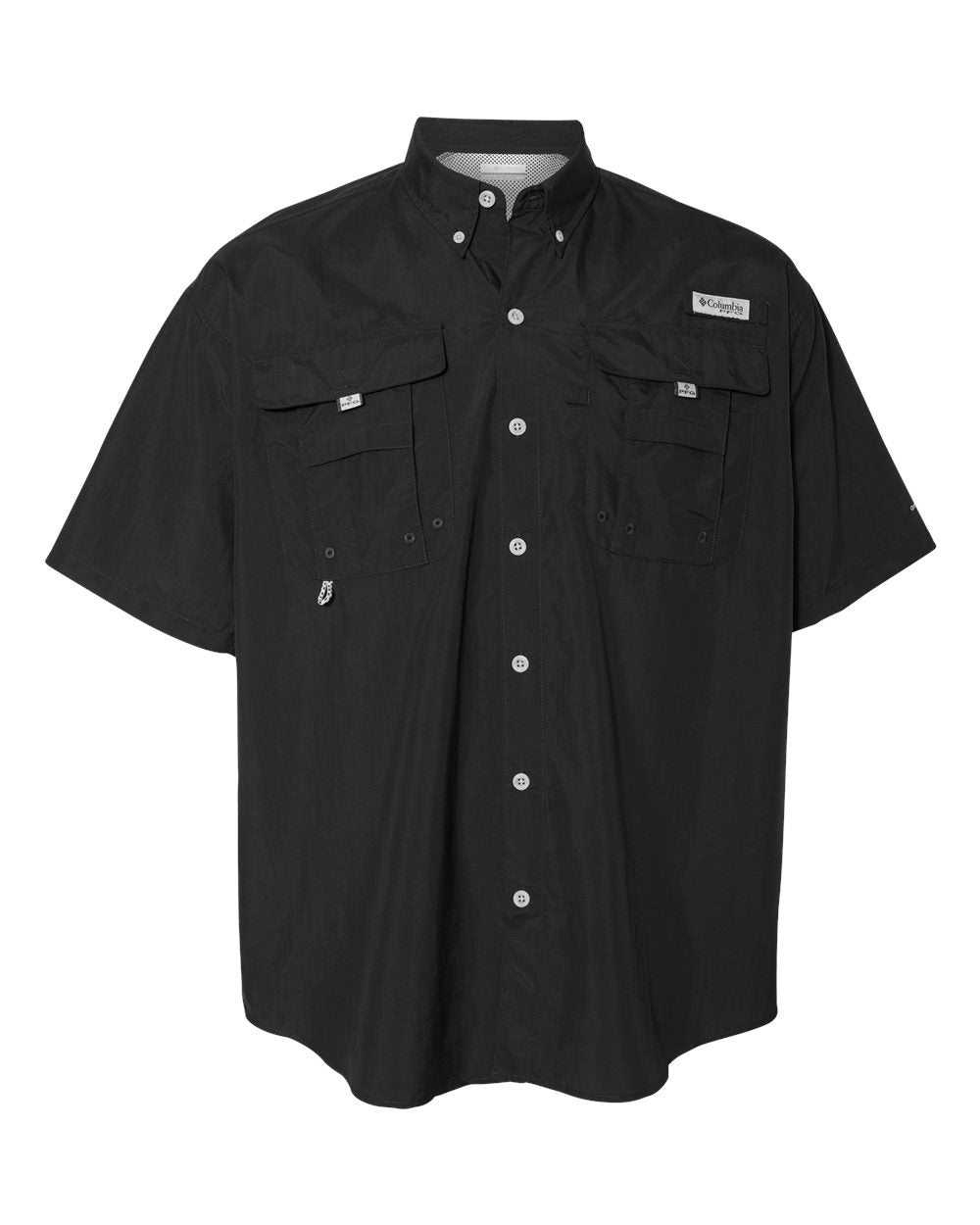 Navy blue short-sleeve shirt with button details on a white background