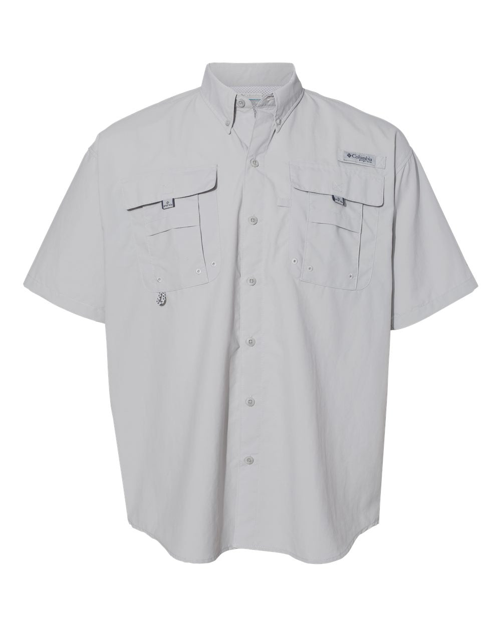 Gray short-sleeve button-up shirt on a white background