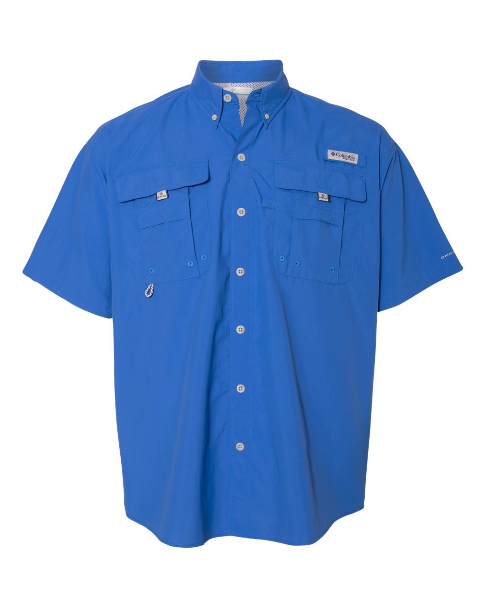 Blue short-sleeve shirt with Columbia logo on a white background