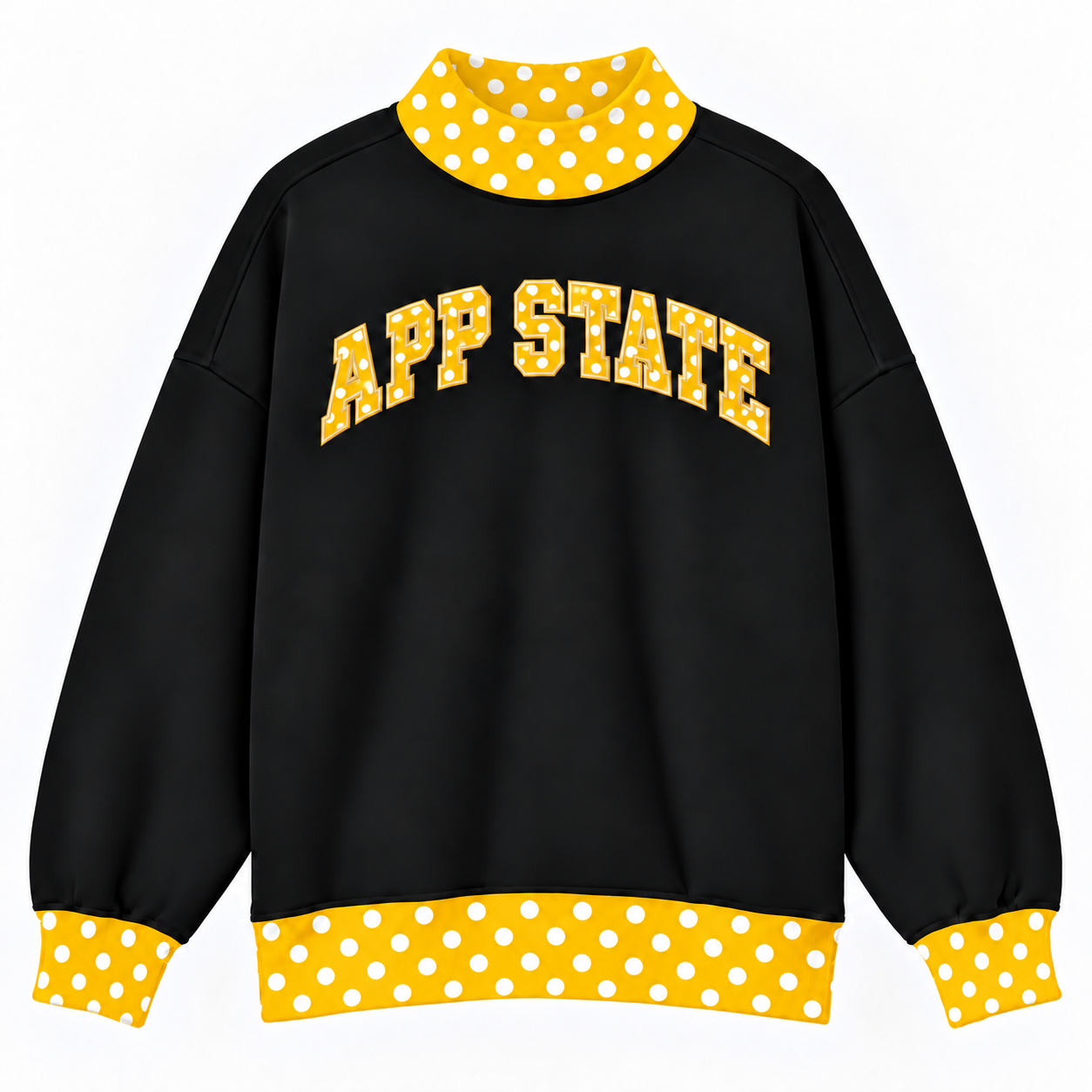 A black long-sleeve sweatshirt with yellow and white polka dot accents on the mock neck, cuffs, hem, and 'APP STATE' lettering on the chest, shown against a plain white background.