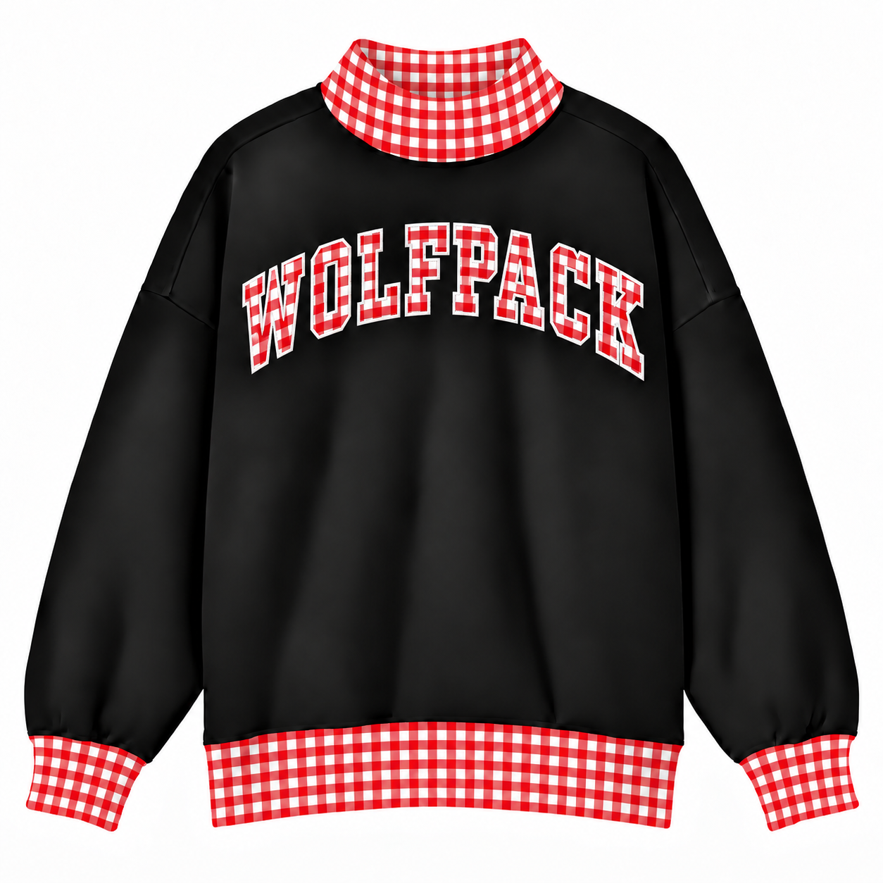 A black mockneck sweatshirt with red and white gingham trim on the collar, cuffs, and hem, featuring 'WOLFPACK' printed in red and white gingham block letters across the chest.