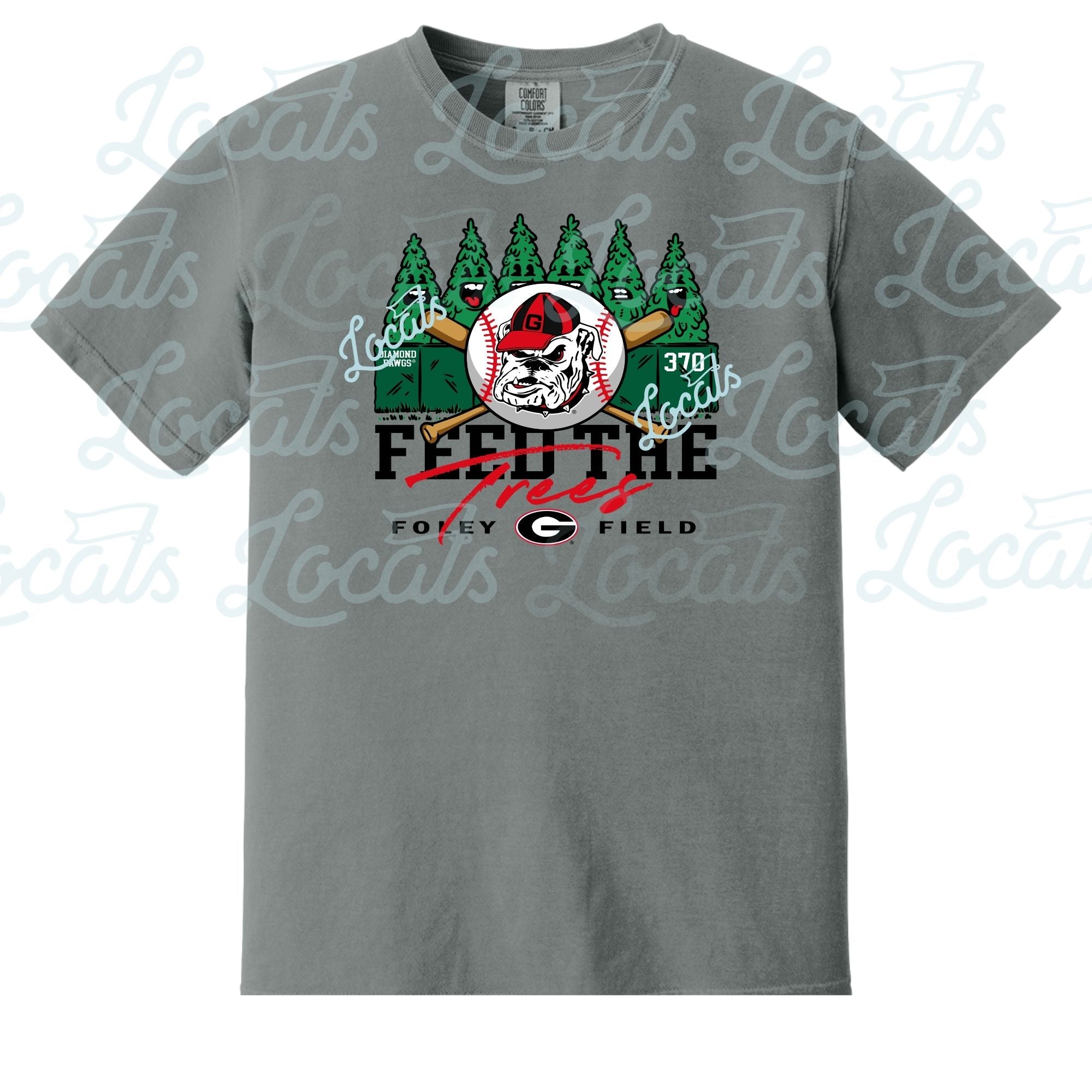 Gray t-shirt with a graphic design featuring trees, a baseball, and text on a white background.