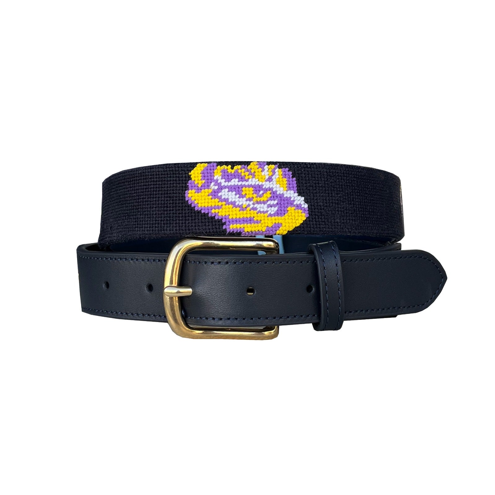LSU Tiger Needlepoint Belt – BLACK OUT ! Hand-Stitched Purple & Gold