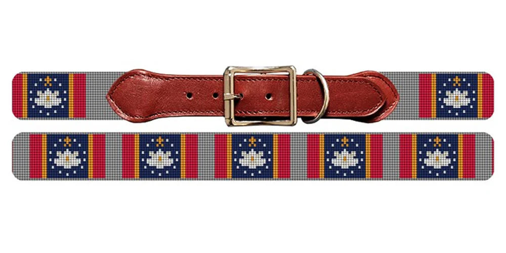 Dog collar with a patterned strap featuring red, blue, and yellow colors on a white background.
