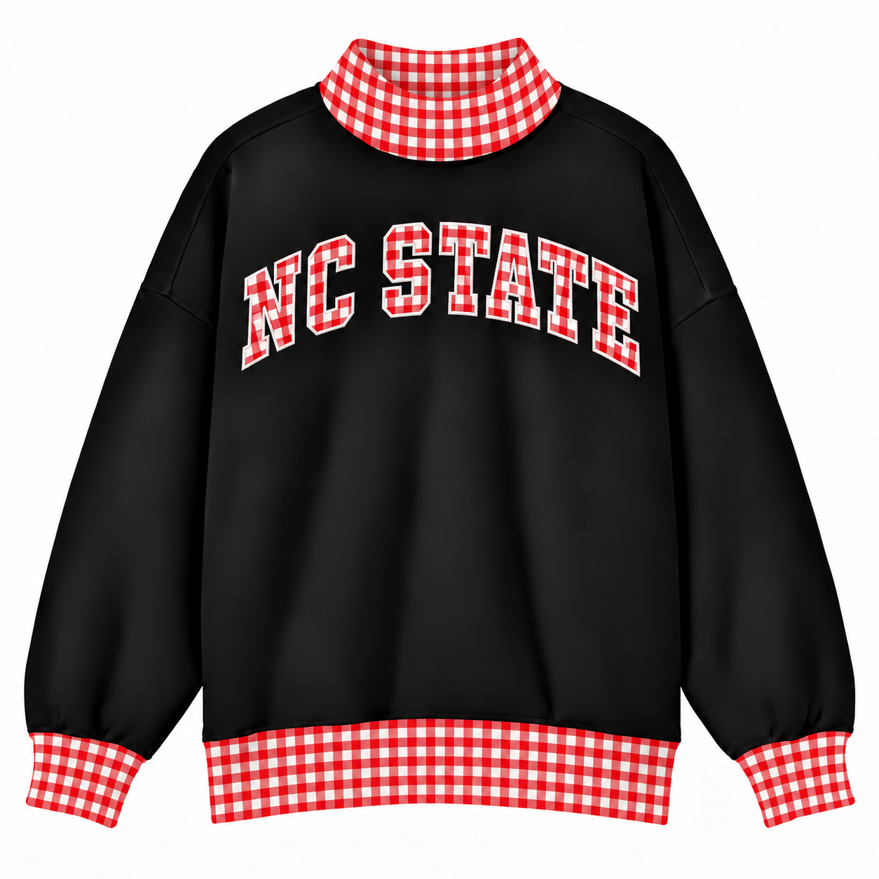 A black mockneck sweatshirt with red and white gingham trim on the mock neck, cuffs, and hem, featuring 'NC STATE' printed in red and white gingham block letters across the chest.