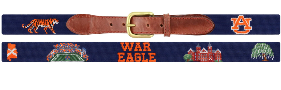 Auburn Tigers Needlepoint Belt Collection – War Eagle, Stadium & Campus Designs | Genuine Leather Tab Belt