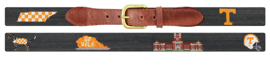 Tennessee Volunteers “Go Vols” Needlepoint Belt – Black & Orange Game Day Leather Belt