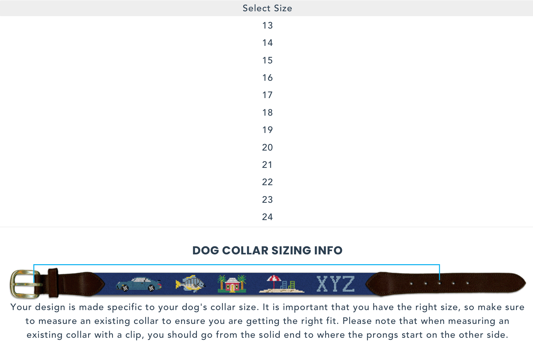 Dog collar with size chart on a white background