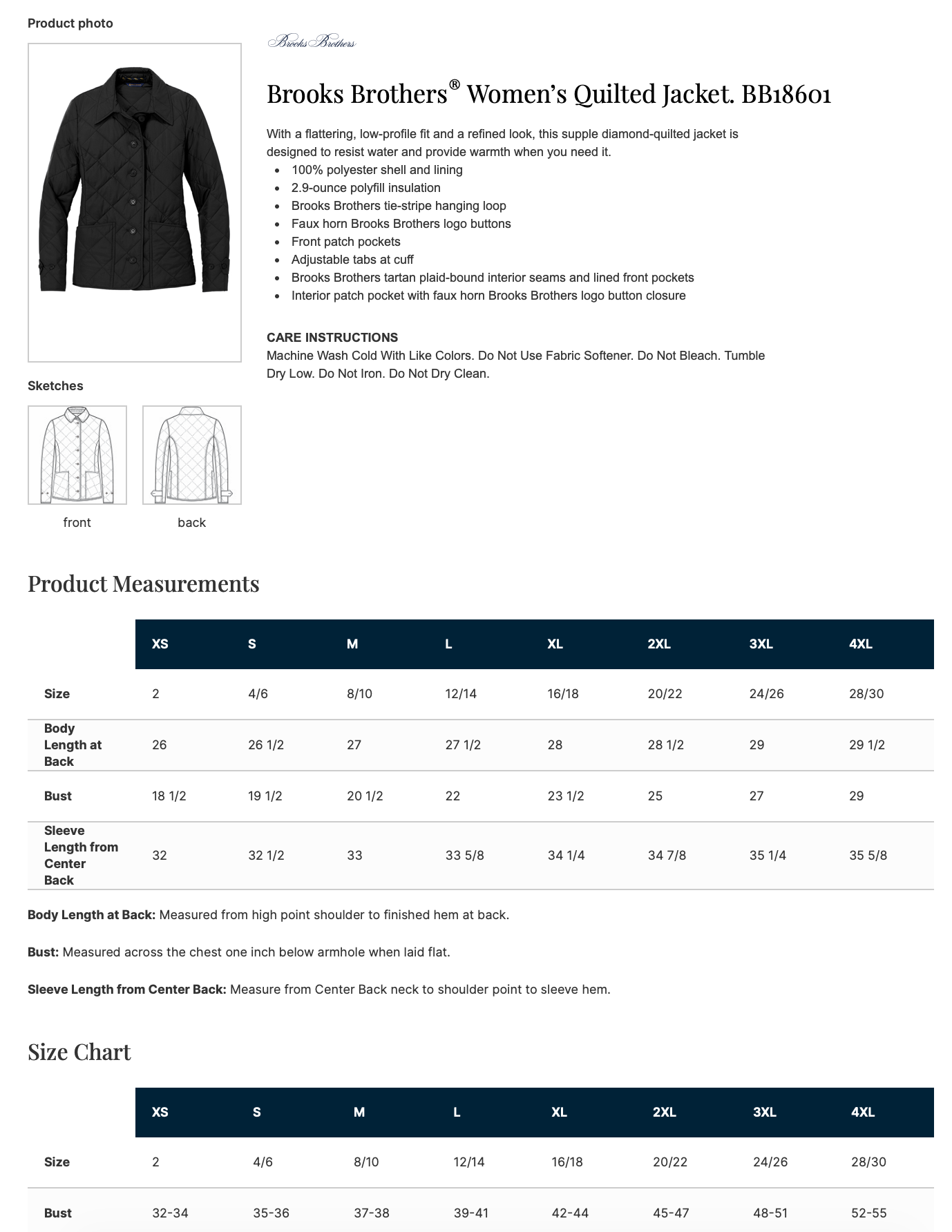 Brooks Brothers women's quilted jacket with product details and size chart on a white background