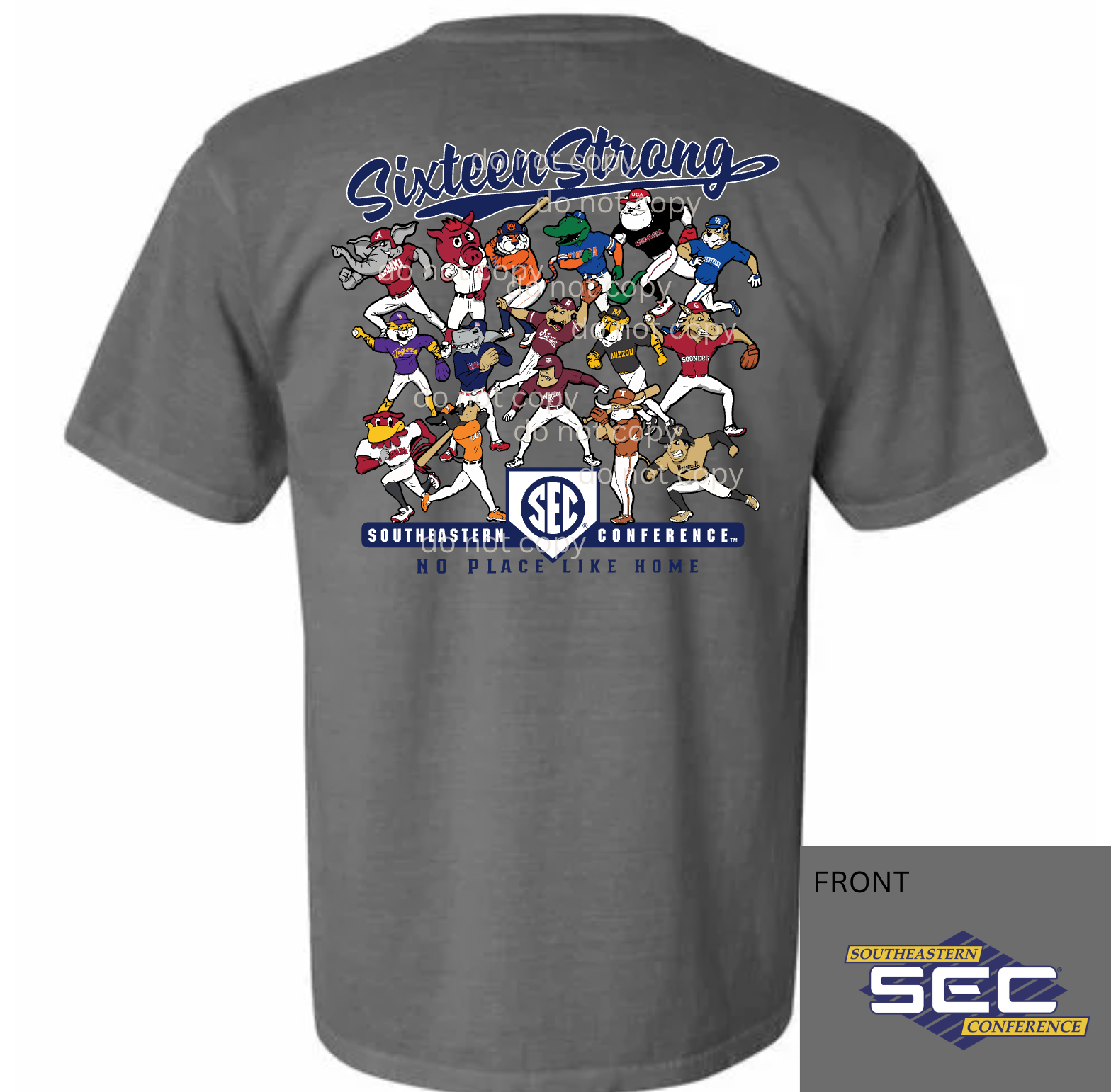 Gray t-shirt with SEC mascot baseball players and SEC Conference logo on the front pocket comfort color tee 
