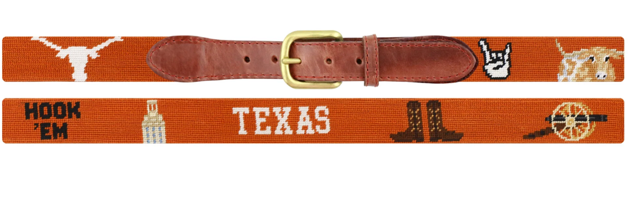 texas longhorns belt, hook em belt, texas needlepoint belt, sec belt, college football belt, burnt orange belt, texas game day, longhorn accessories, texas alumni gift, men’s needlepoint belt, women’s needlepoint belt, leather needlepoint belt, southern style belt, collegiate accessories, tailgate outfit, game day outfit, graduation gift, gift for dad, gift for boyfriend, christmas gift for him, rowdy rebs, texas fans
