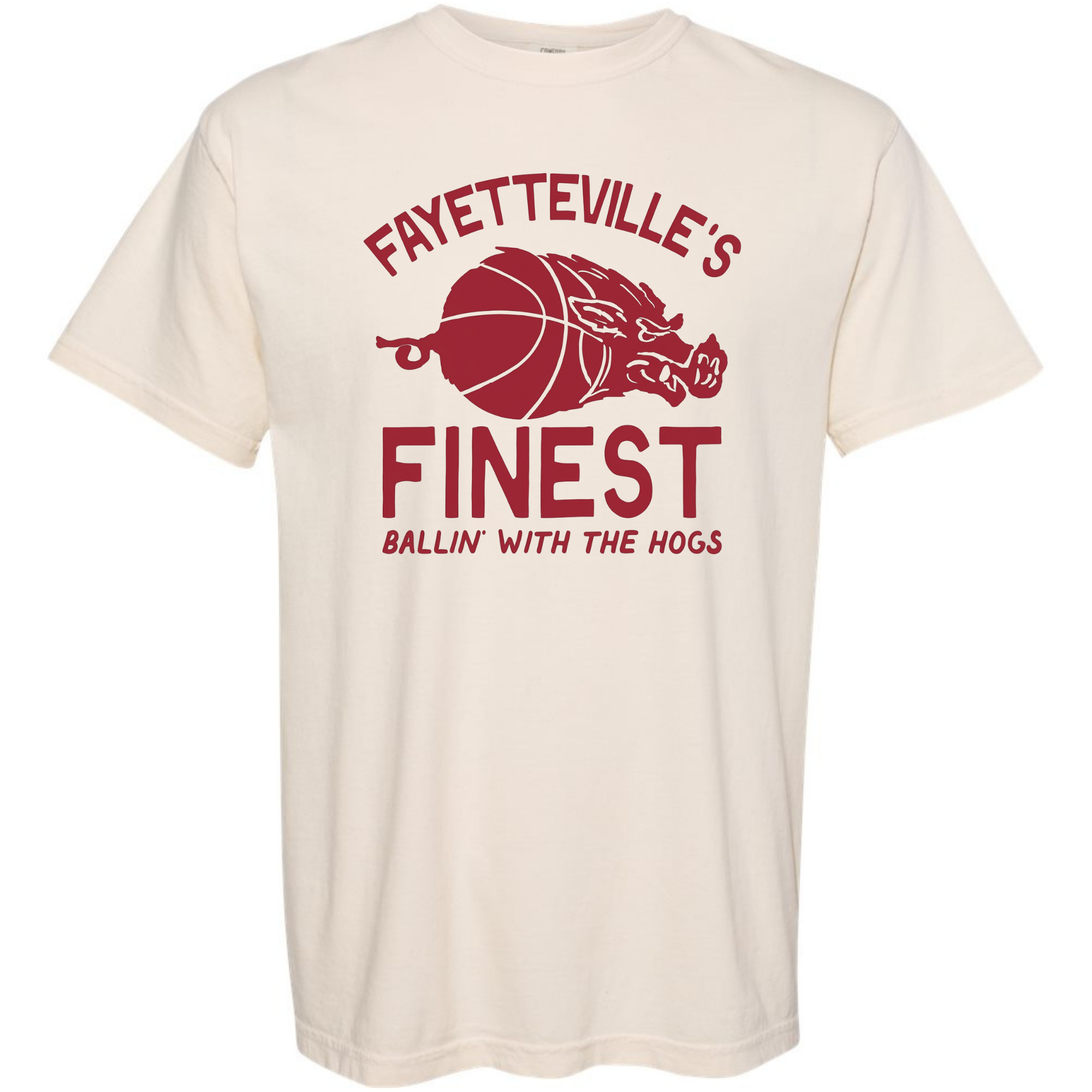 Ivory t-shirt featuring “Fayetteville’s Finest” text with a hog graphic and bold red lettering in a vintage collegiate style.