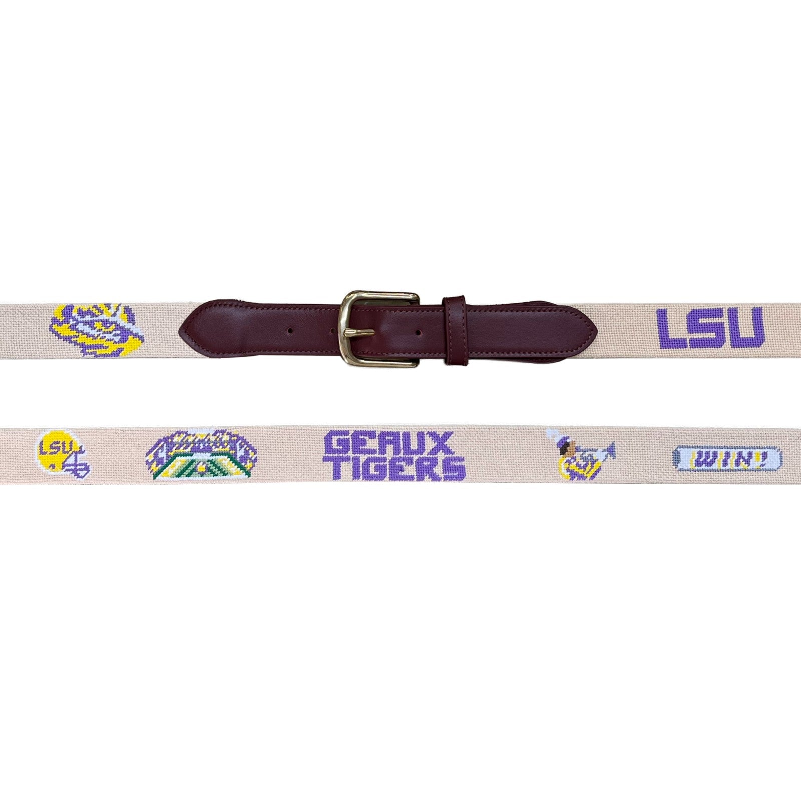 LSU Tigers “Geaux Tigers” Needlepoint Belt – Khaki Game Day Leather Belt