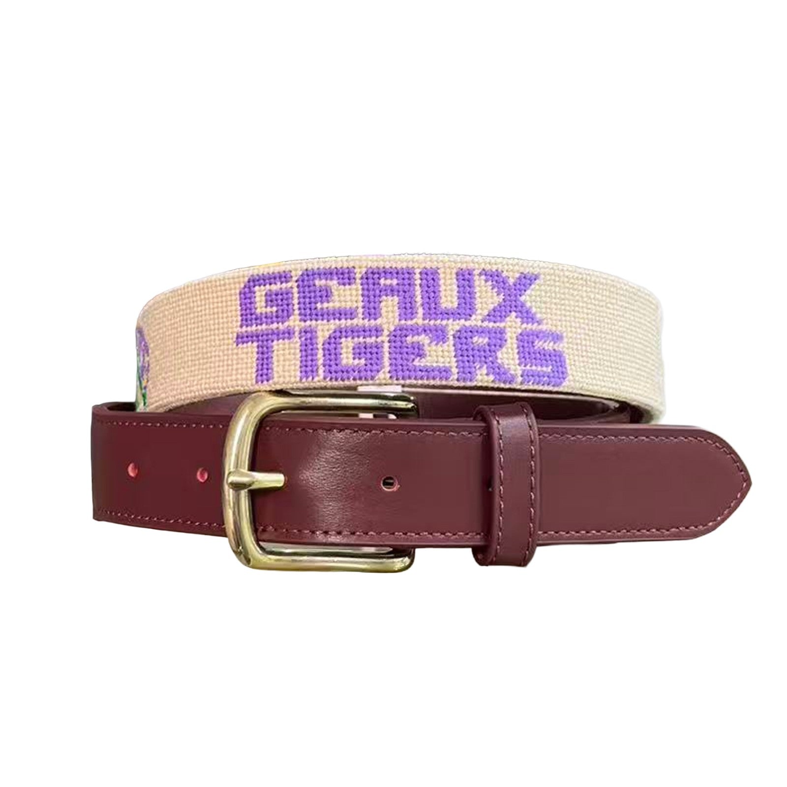 LSU Tigers “Geaux Tigers” Needlepoint Belt – Khaki Game Day Leather Belt