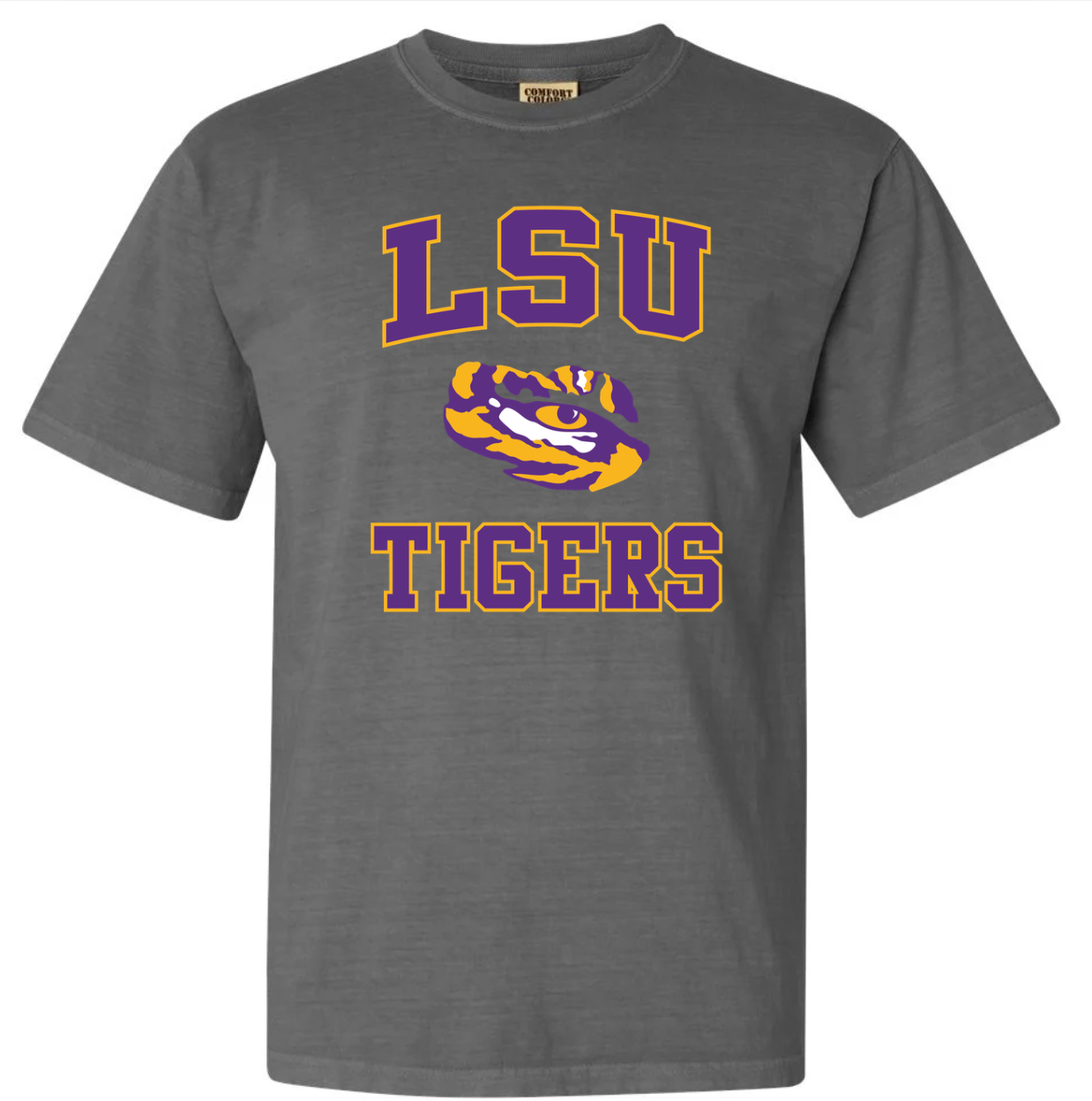 Gray t-shirt with LSU Tigers logo on a white background