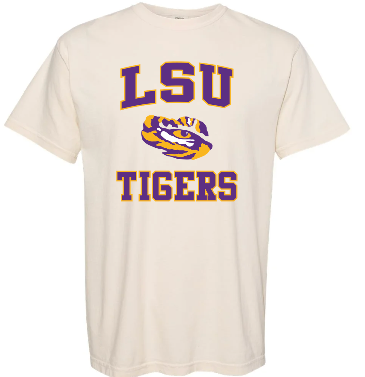 ivory comfort colors  t-shirt with LSU Tigers vintage logo on a white background