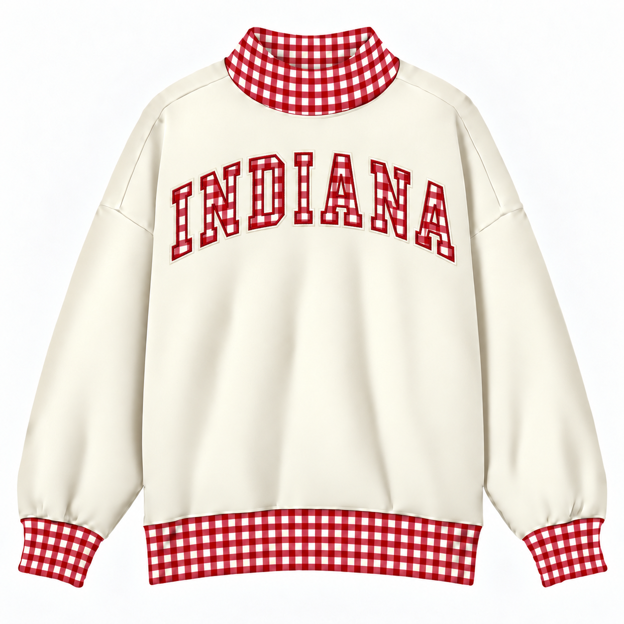 An off-white sweatshirt featuring red and white gingham checkered trim on the mock neck, cuffs, and hem, with 'INDIANA' arched in red and white gingham block letters across the chest.