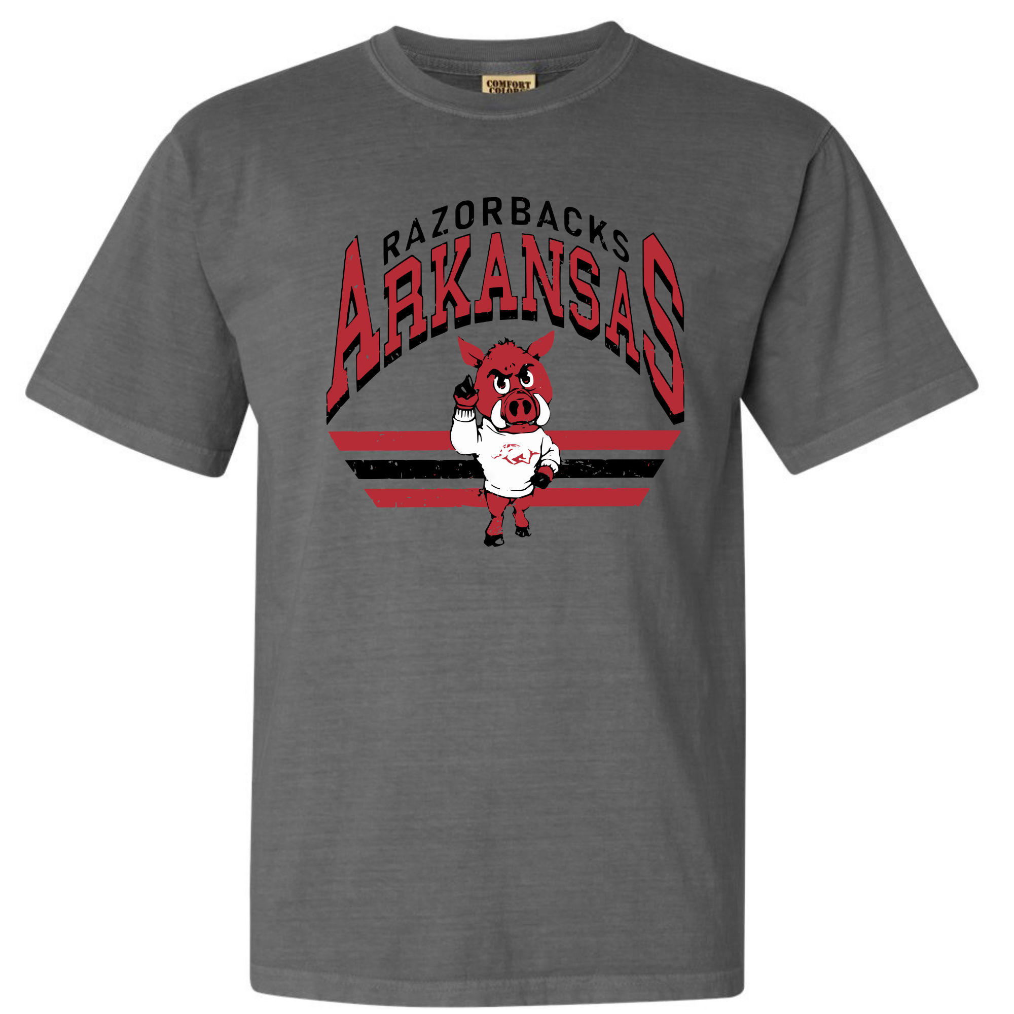 Grey t-shirt featuring a retro Arkansas Razorbacks graphic with vintage hog mascot and bold “Arkansas” lettering in red and black.
