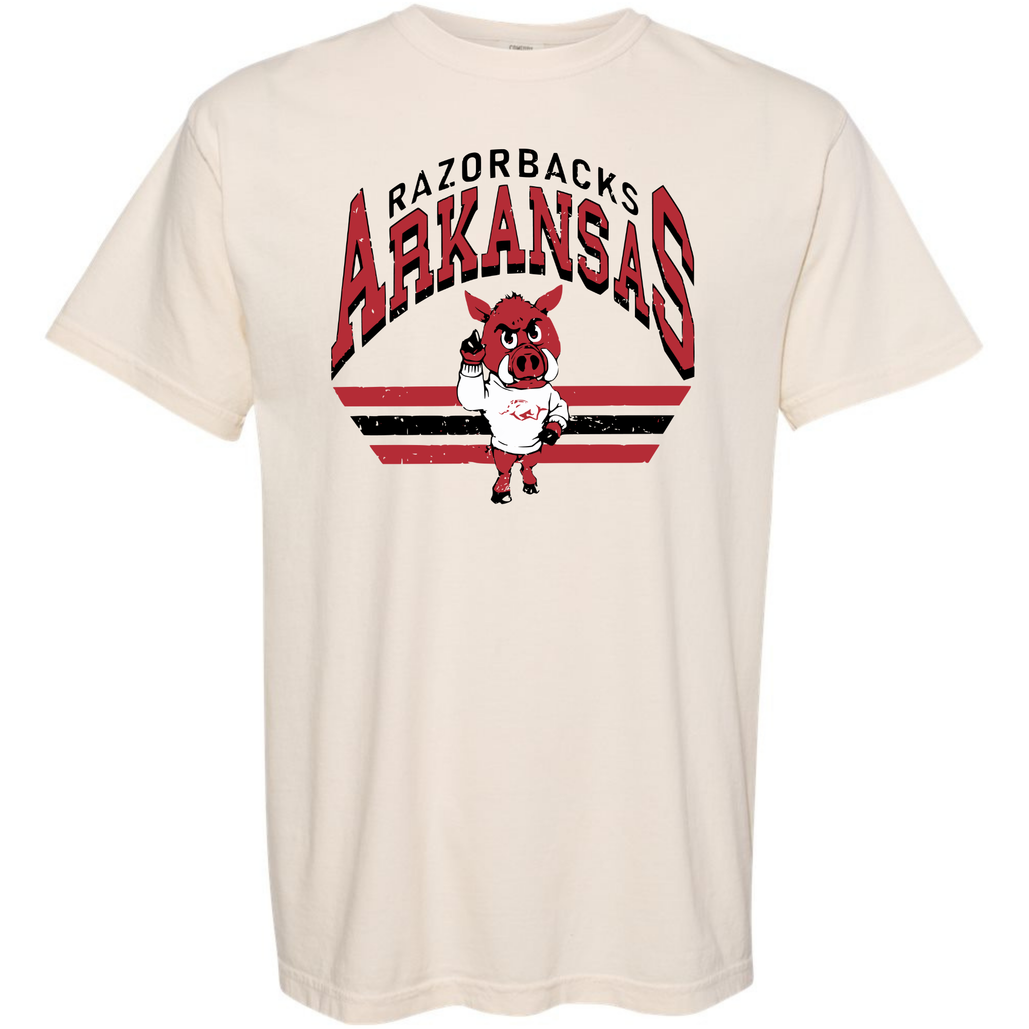 Grey t-shirt featuring a retro Arkansas Razorbacks graphic with vintage hog mascot and bold “Arkansas” lettering in red and black.