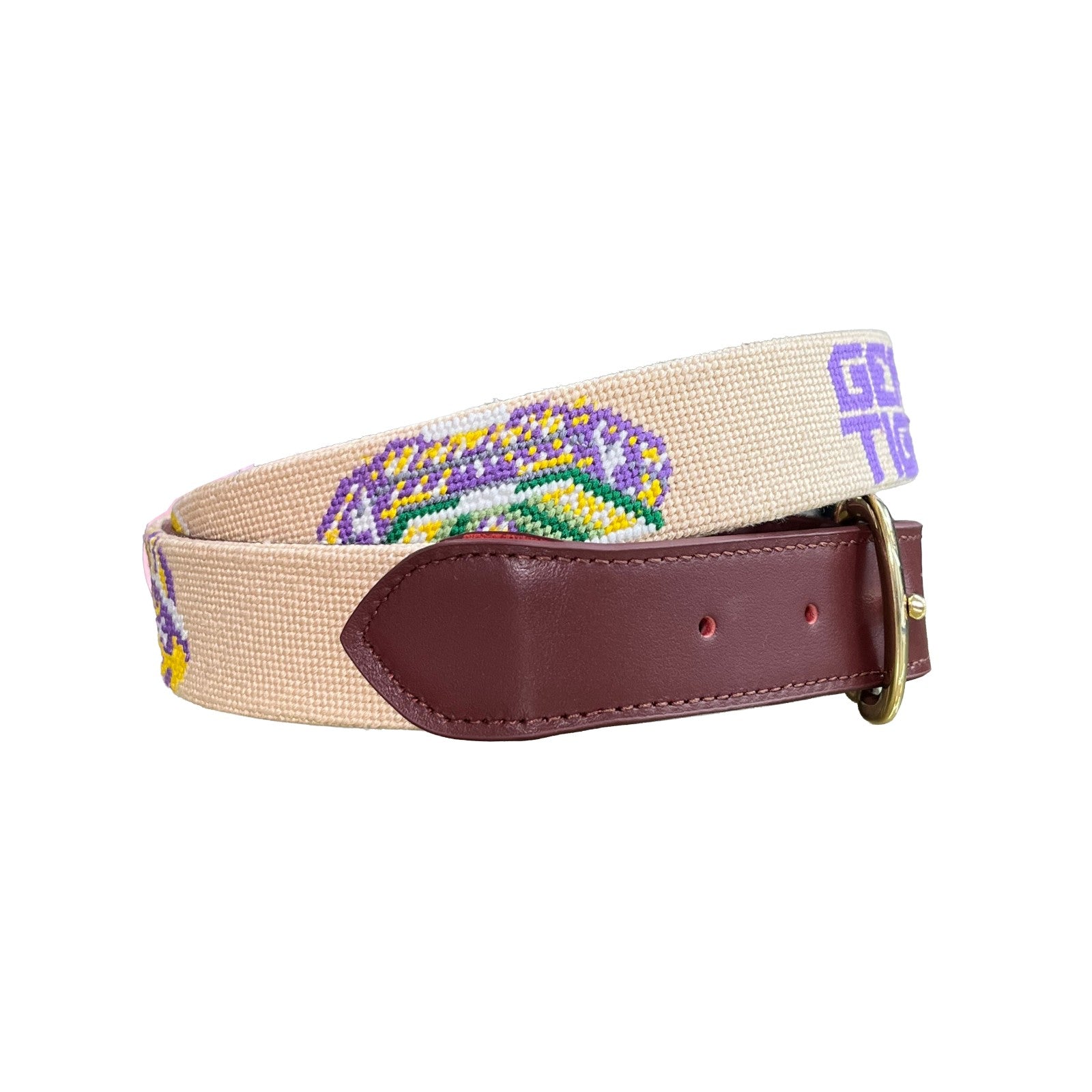 LSU Tigers “Geaux Tigers” Needlepoint Belt – Khaki Game Day Leather Belt