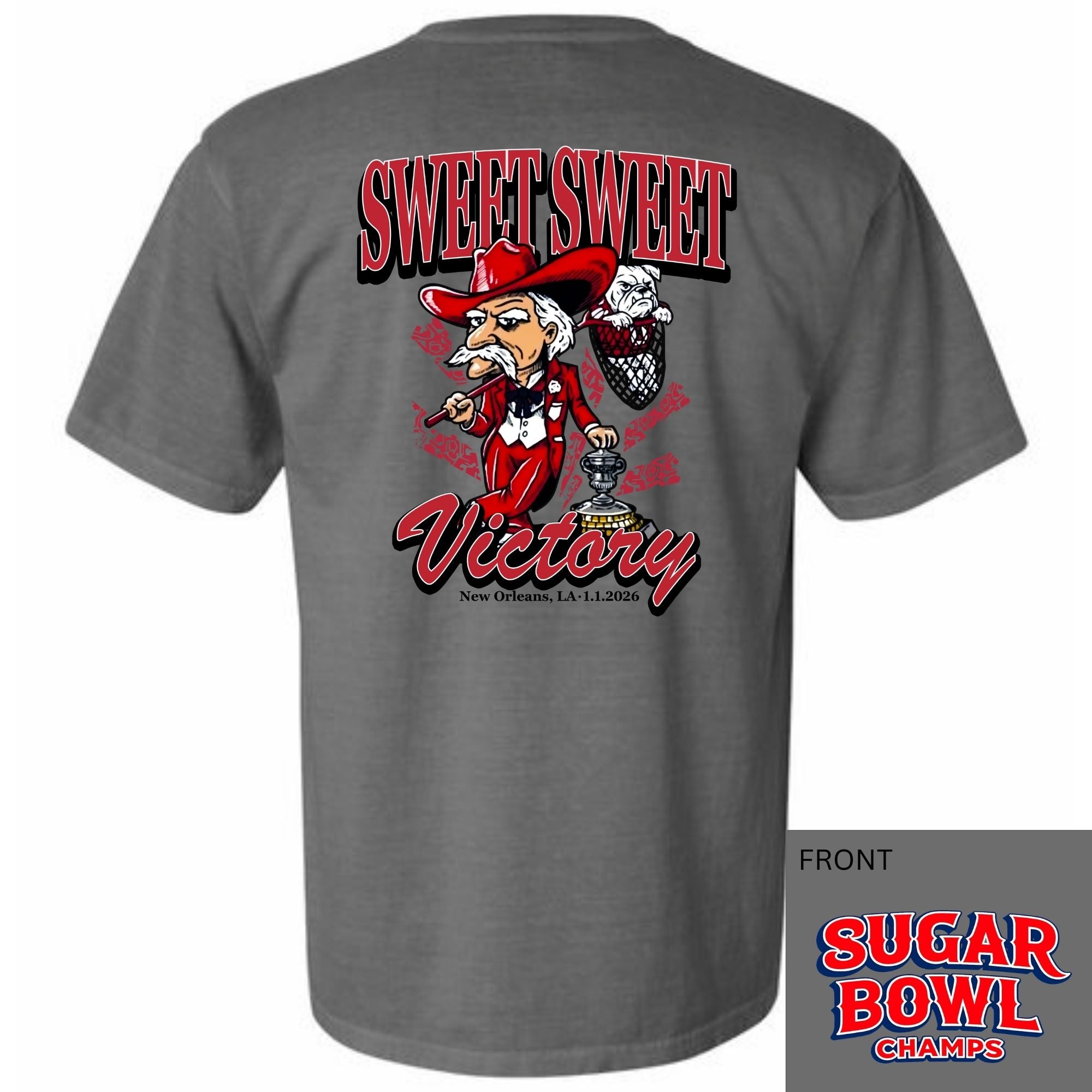 Gray t-shirt with a graphic design on the back featuring a cartoon character and text, on a white background.