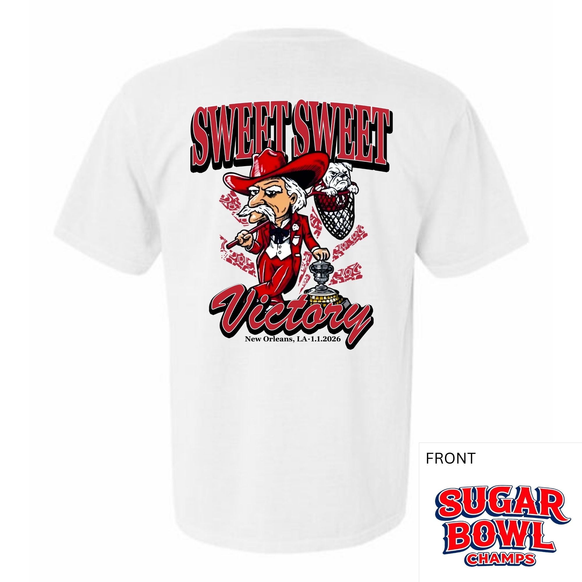 White t-shirt with a graphic design featuring a cartoon character and text on a white background