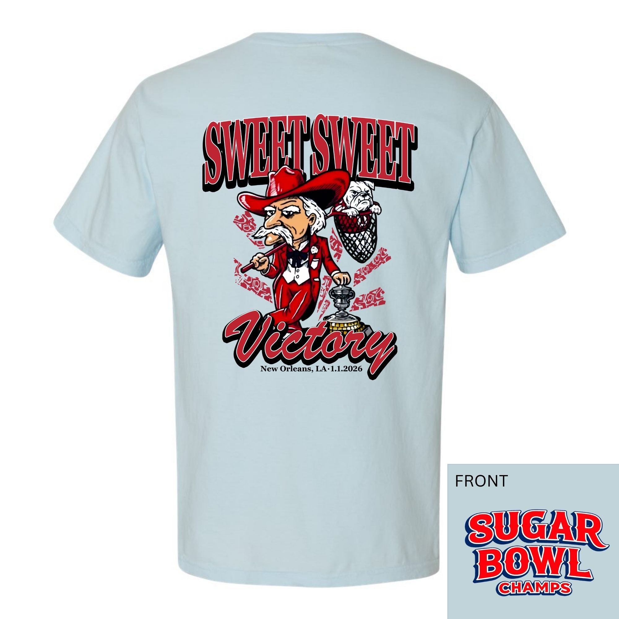 Light blue t-shirt with a graphic design and text on the back, displayed against a white background.