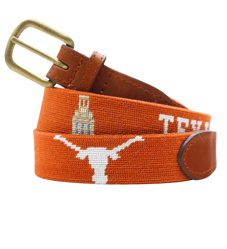 Texas Longhorns “Hook ’Em” Needlepoint Belt – Burnt Orange Game Day Leather Belt