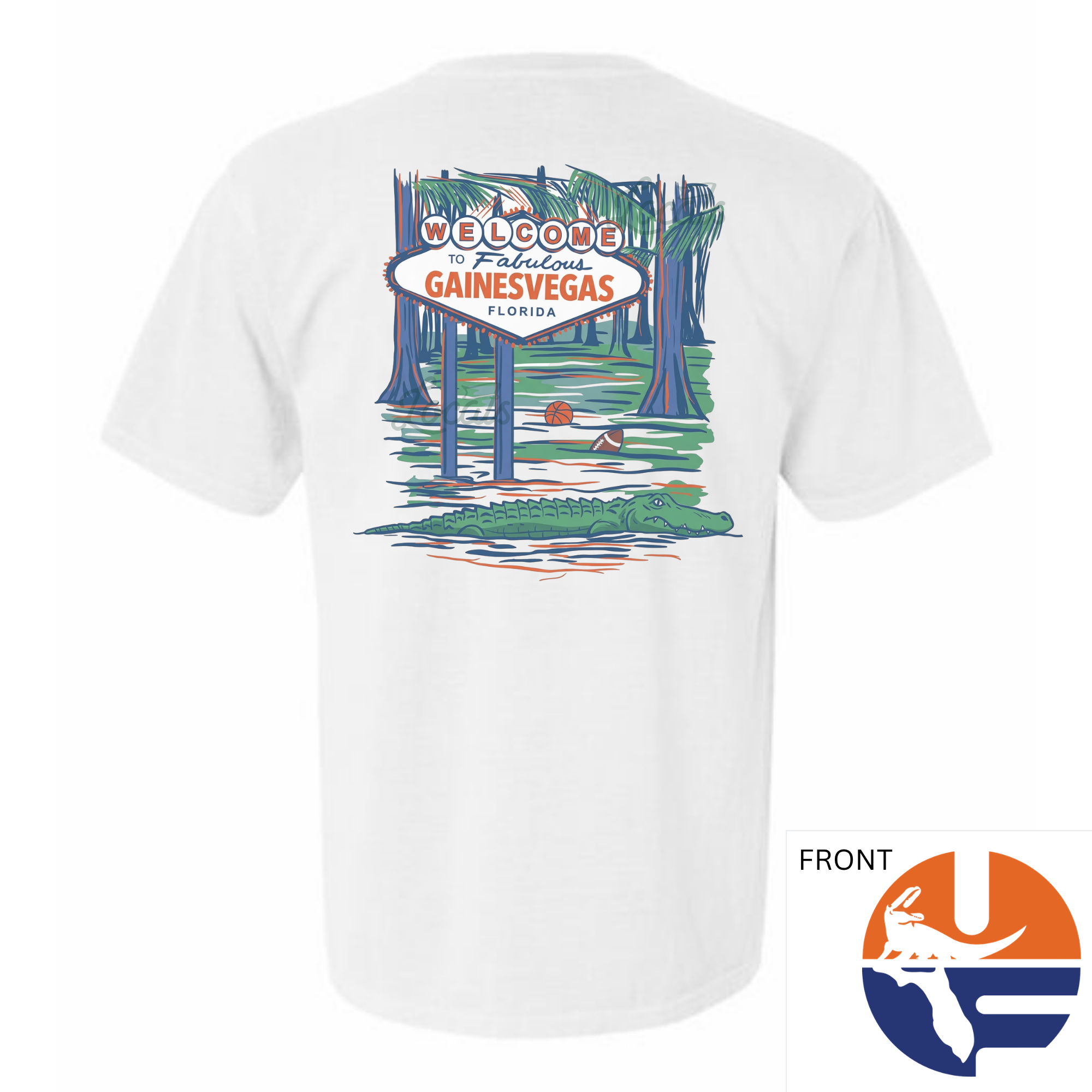 Back graphic t-shirt featuring “Welcome to Fabulous Gainesvegas Florida” sign in a swamp scene with palm trees and an alligator; front chest Florida-inspired logo; available in ivory, white, and grey.